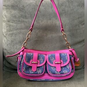 Dooney and Bourke Y2K Monogram Denim with Hot Pink Leather Trim Shoulder Bag.